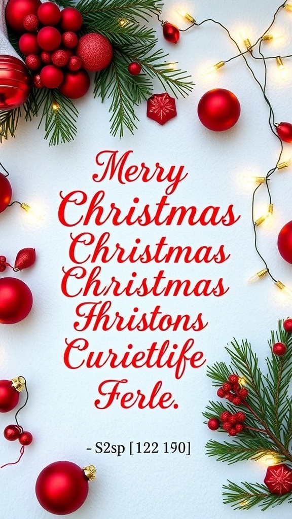 Aesthetic Christmas quotes in red typography surrounded by festive decorations on a snowy background.